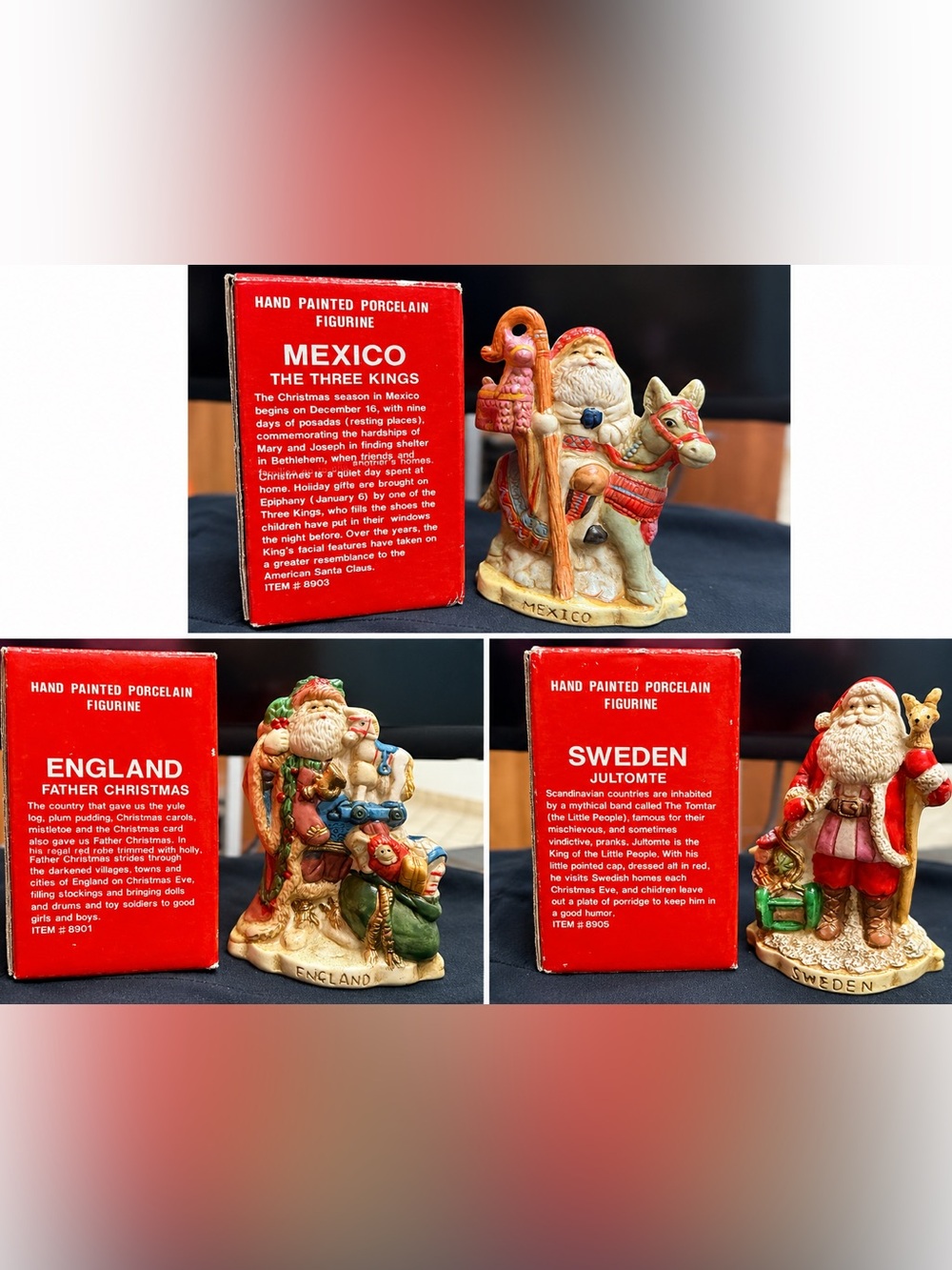 Vintage Santas Around the World Porcelain Figurines w/ Original Boxes Set of 3.
